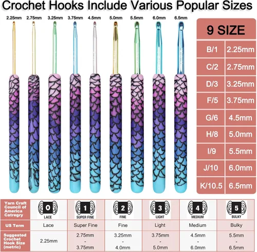Vista 5 de Coopay Ganchos de ganchillo cálidos, 9 tamaños de 2.25 a 6.5mm, agujas de ganchillo ergonómicas de sirena extra largas para tejer a ganchillo Sirena