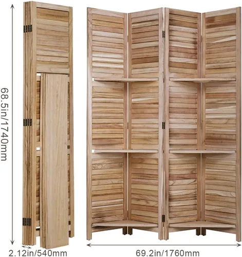 Vista 7 de Pared divisora de pared plegable de madera, pantalla plegable de 4 paneles con estantes de almacenamiento extraíbles, divisor tejido a mano de malla