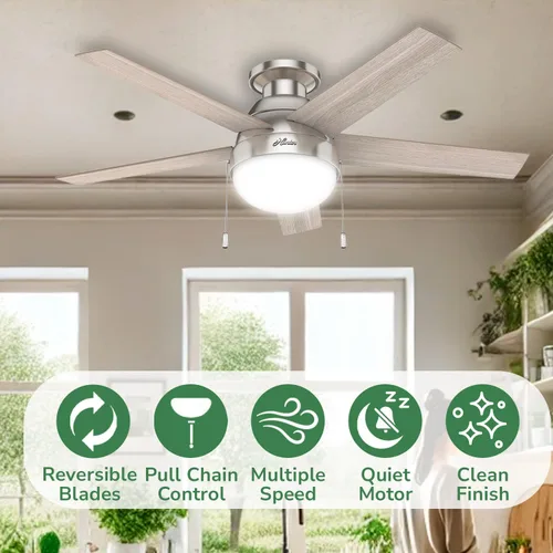Vista 3 de Hunter Anslee 50278 - Ventilador de techo para interiores de 46 pulgadas con luz LED, ventilador de techo con cadena de tracción, para dormitorio