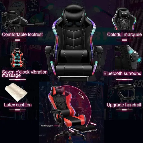 Vista 5 de Silla de juegos con luz LED / silla de juegos profesional con altavoces Bluetooth, soporte lumbar masajeador completo y altavoz Bluetooth, sillas