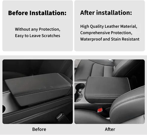 Vista 5 de Funda para reposabrazos de coche para Tesla Modelo 3 y modelo Y, protector de consola central de piel sintética, antiarañazos, fácil instalación