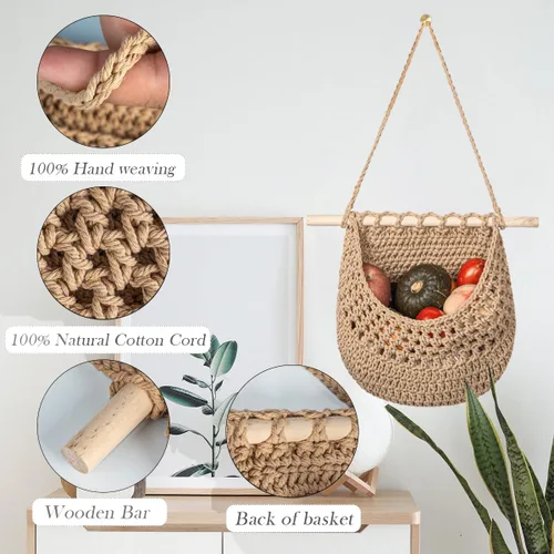 Vista 2 de Cesta colgante de frutas hecha a mano con cuerda de algodón bohemio para colgar en la pared, cesta tejida para almacenamiento sobre la puerta