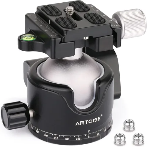 Cabezal de trípode de perfil bajo de 1.811 in con adaptador de 3 tornillos 3/8 a 1/4 aluminio profesional 360 giratorio cabeza de bola panorámica
