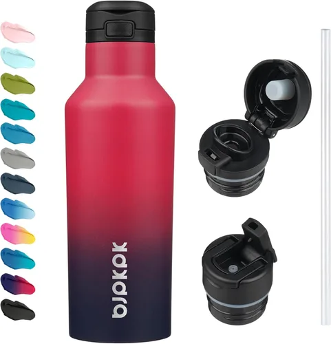 Vista 8 de BJPKPK Botella de agua aislada con pajilla, botellas de agua de acero inoxidable de 25 onzas con 2 tapas y asa de transporte, botella térmica