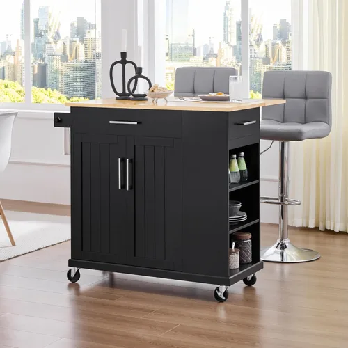 Vista 2 de Yaheetech Carrito de Isla de Cocina Rodante con Hoja Abatible, Barra de Desayuno Portátil de Madera de Caucho con Gabinete de Almacenamiento, Negro
