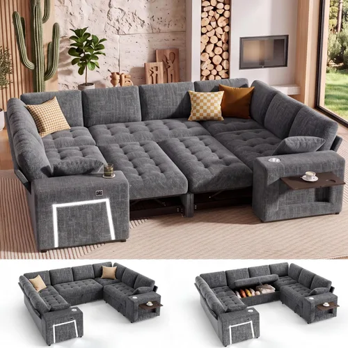 Vista 21 de WEUP Sofá cama modular de 111 pulgadas con cama extraíble, sofá en forma de L de felpilla de 7 asientos con otomana de almacenamiento, puertos USB
