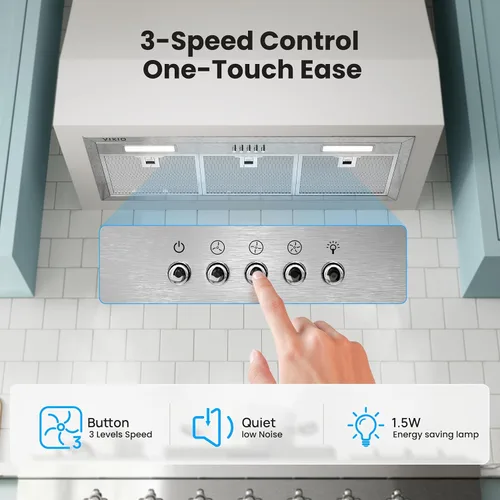 Vista 4 de VIKIO HOME Campana extractora de acero inoxidable de 30 pulgadas, 900 CFM máximo, filtro de malla de aluminio de 5 capas, luces LED y controles