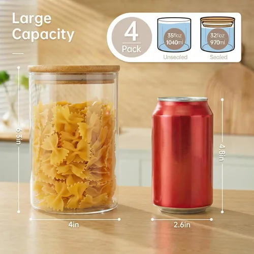 Vista 3 de 32oz - Juego de 4 frascos de vidrio con tapas de bambú, recipientes de almacenamiento de vidrio para despensa con tapas herméticas, botes redondos