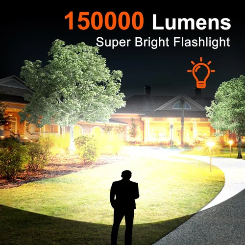 Vista 2 de Linterna recargable de alto lúmenes, 150000 lúmenes, súper brillante, 5 modos y enfoque ajustable con zoom, IP55 impermeable y a prueba de golpes