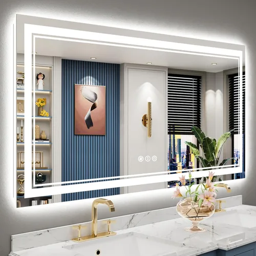 Vista 16 de Espejo de baño LED de 48 x 30 pulgadas con luces, retroiluminado + frontal iluminado, espejo de tocador con luz antiniebla para pared de baño con 3