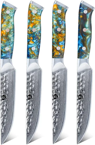 WILDMOK Juego de cuchillos para carne, 4 piezas de espiga completa de 5 pulgadas, cuchillos de cena de acero de Damasco forjado de espiga completa