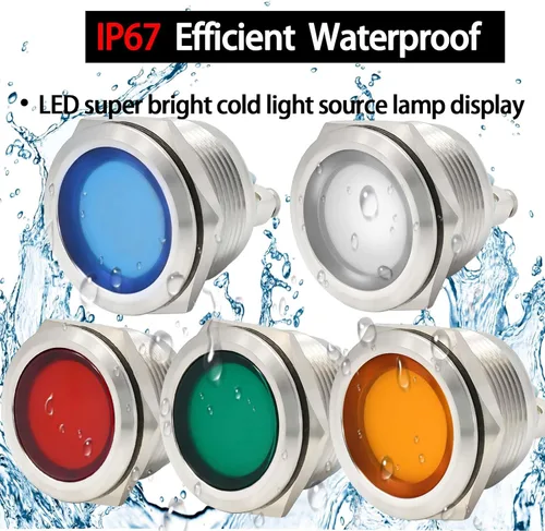 Vista 2 de Luz indicadora 22mm 7/8pulgadas impermeable IP67 de metal de acero inoxidable 304 lámpara de señal 12V-24V LED piloto luz de salpicadero anillo Azul