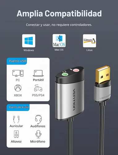 Vista 5 de Adaptador de audio USB - VENTION USB Tarjeta de sonido estéreo externa a auriculares de 0.138 in y adaptador de conector de micrófono para Windows