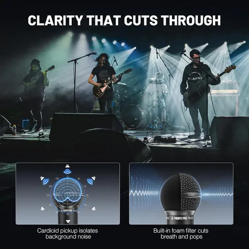 Vista 3 de Phenyx Pro Micrófono vocal dinámico, micrófono cardioide con cable XLR de 16.4 pies, clip de micrófono, bolsa de almacenamiento, micrófono de mano