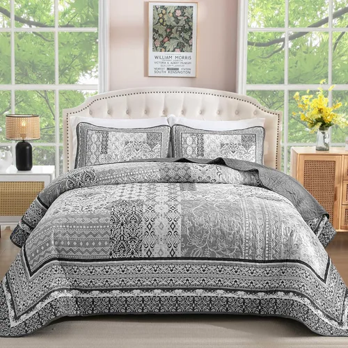 Vista 13 de WONGS BEDDING Juego de edredón bohemio tamaño Queen, juego de colcha de retazos beige de 3 piezas, juego de ropa de cama de microfibra suave