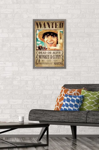 Vista 2 de Trends International Netflix One Piece - Póster de pared de Luffy Wanted, 22.4 pulgadas de largo x 14.7 pulgadas, versión enmarcada en madera
