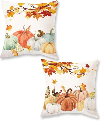 ONWAY Juego de 2 fundas de almohada de calabazas de otoño de 16 x 16 pulgadas, decoración de otoño y Acción de Gracias, fundas de cojín lumbar para