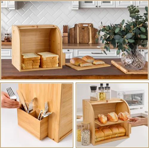 Vista 6 de Panera de 2 niveles, contenedor de pan de bambú para encimera de cocina, almacenamiento de alimentos, gran capacidad para almacenamiento de pan