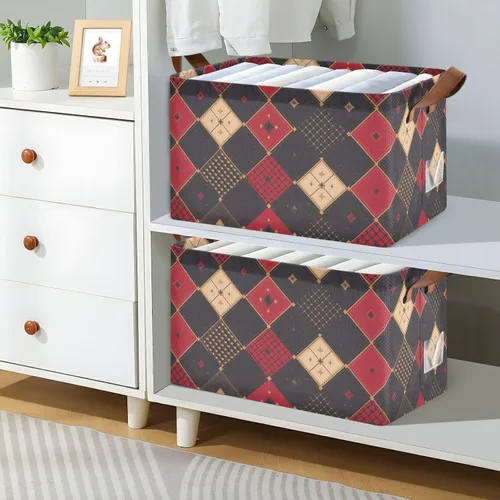 Vista 7 de Argyle Red Gold Decorative Shelf Baskets Foldable Organizer Bins with Handles Boxes Cube Organizer for Shelves Closet Toys Books 2 Pack