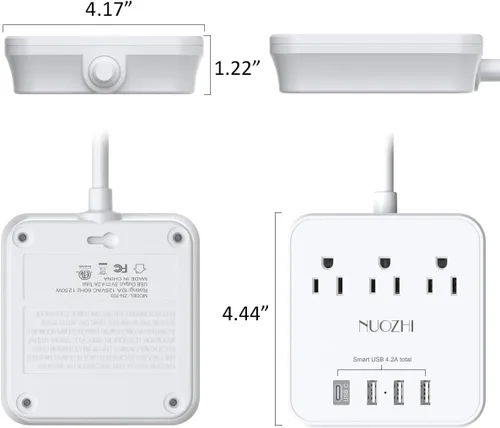 Vista 7 de Cruise Essentials, NUOZHI - Regleta de alimentación de 6 pies con 3 salidas y 4 puertos USB (1 USB C), regleta sin protección contra sobretensiones