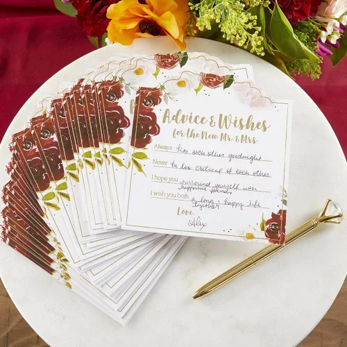 Vista 5 de Kate Aspen Alternativa de libro de invitados de boda floral rubor burdeos, 50 tarjetas de consejos y 50 tarjetas de tienda de campaña, recuerdos