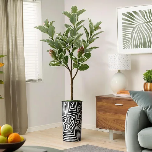Vista 15 de Árbol artificial en macetero con patrón geométrico moderno, palmera tropical areca artificial de seda para decoración del hogar en interiores