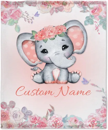 Manta personalizada de elefante naranja floral con nombre para niñas, manta con nombre personalizado para niños pequeños, regalos personalizados