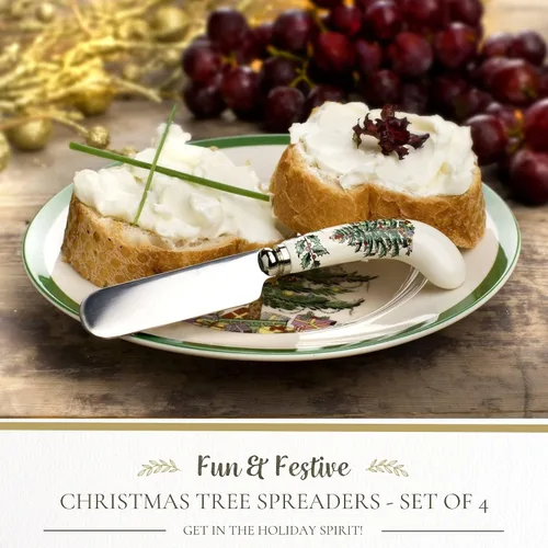 Vista 2 de Spode Esparcidores de Queso Árbol de Navidad (Juego de 4) - Cuchillo de Mantequilla de Acero Inoxidable de 4.75" con Mango de Porcelana
