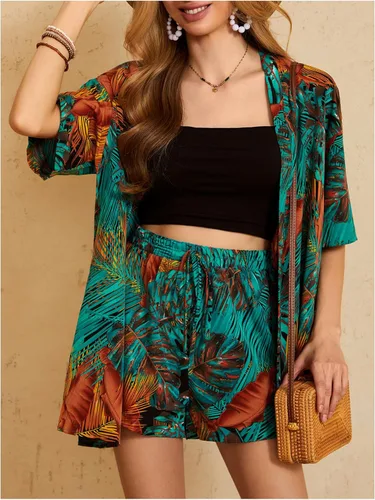 Vista 3 de MakeMeChic conjunto de 2 piezas para mujer estilo boho, blusa kimono tropical con frente abierto y pantalones cortos