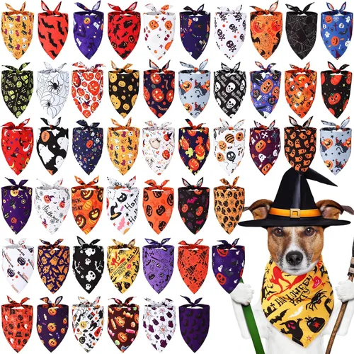 Vista 8 de Xuniea Paquete de 50 bandanas de Halloween para perro, bufanda grande para perro, pañuelo, accesorios para cachorros medianos y pequeños