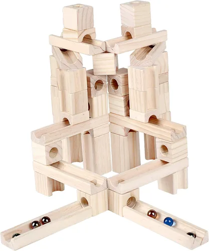 Vista 4 de Golden Age Juguetes de carrera de mármol, 60 piezas de madera clásicas rampas de construcción de pista para niños pequeños