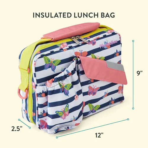 Vista 3 de PlanetBox Rover - Lonchera estilo Bento de acero inoxidable para jóvenes con 5 compartimentos, edición mariposas incluye bolsa de almuerzo aislada