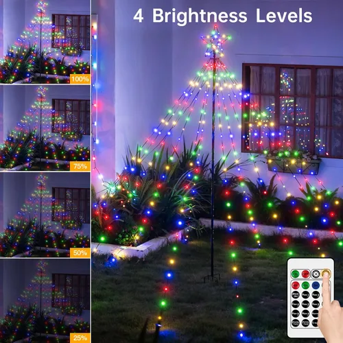 Vista 3 de Luces de árbol de Navidad Ccinny 340LED con estrella superior, luces de cascada con control remoto impermeable IP67 con poste, 16 modos, 3
