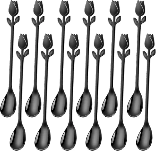 Vista 12 de Juego de 12 Mini Cucharas de Café con Mango de Tulipán/Rosa Plateado - Acero Inoxidable de 6" para Espresso, Té, Postre - Ideal para Demitasse