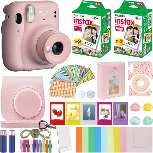 Cámara instantánea Fujifilm Instax Mini 11 rosa claro + paquete de accesorios MiniMate + paquete de accesorios de película fotográfica Fuji Instax