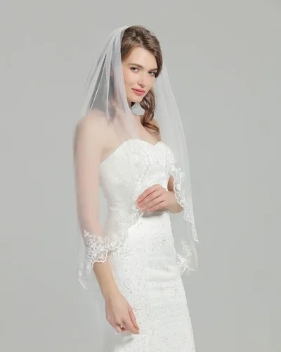 Vista 4 de Velo de novia con peine de 1 nivel de encaje aplique borde de los dedos Longitud 41" V85 blanco marfil