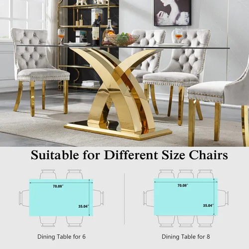 Vista 23 de Mesa de comedor de vidrio de 70 pulgadas para 4-8 personas, parte superior de vidrio templado y base de acero inoxidable en U dorada, escritorio
