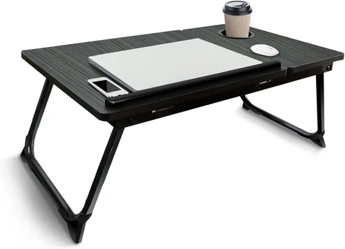 Vista 4 de SMTTW Bandeja de cama para computadora portátil, altura ajustable, escritorio para computadora portátil, mesa plegable para cama con portavasos