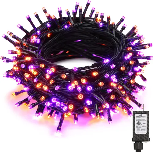 BrizLabs Luces de Halloween naranjas y moradas, 78.74 pies, 240 luces LED naranjas conectables, 8 modos de luz de Halloween morada para exteriores