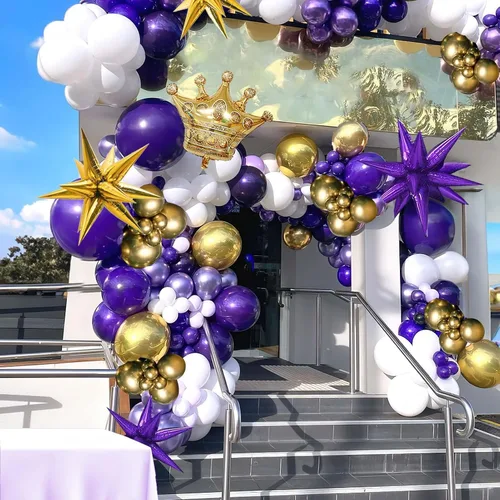 Vista 5 de Kit de guirnalda de globos morado real dorado blanco 126 piezas globos de papel aluminio de corona de explosión estelar de lujo de doble relleno