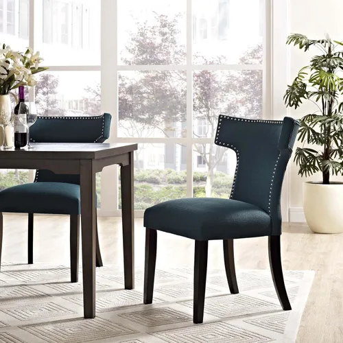 Vista 2 de Modway Curve Mid-Century - Moderna tela tapizada con ribete de cabeza de clavo en color azul, una silla