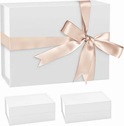 Caja de regalo blanca de 11 x 8 x 4 pulgadas, paquete de 3 cajas de regalo magnéticas con tapas, cinta, cajas de regalo grandes para padrinos de