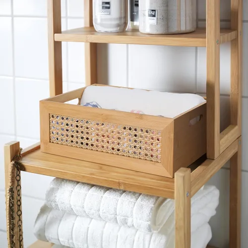 Vista 7 de Cesta de almacenamiento de ratán, paquete de 2 contenedores de almacenamiento hechos a mano de bambú natural con marco de madera y asas, caja