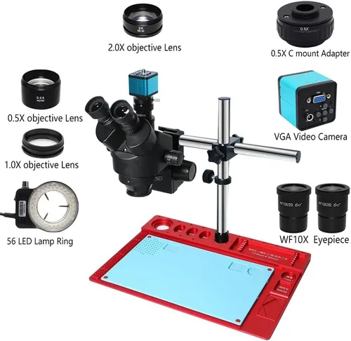Vista 5 de Kit de accesorios para microscopio 3.5X-90X Simul Focal Trinocular Microscopio estéreo VGA 1080P VGA 38MP HDMI Digital USB Microscopio Cámara CTV