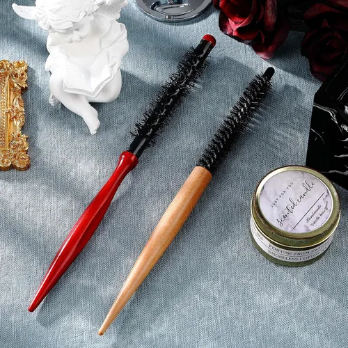 Vista 7 de 2 piezas de cepillo pequeño redondo para el cabello, mini cepillo redondo de madera, cepillo Quiff, peines de pelo de cerdas de nailon para vestir