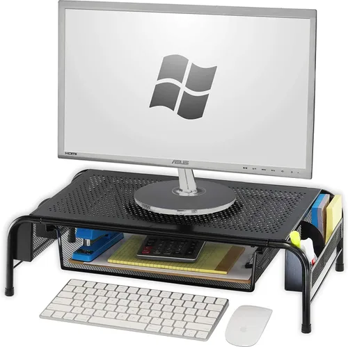 Simple Houseware - Soporte elevador de metal para monitor de escritorio con cajón organizador, color negro