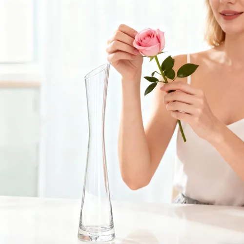 Vista 6 de Jarrón de vidrio soplado hecho a mano con forma de brote de cristal transparente pequeño, jarrón de cristal con base pesada, jarrón de flores de un