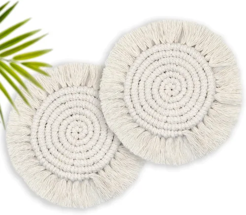Vista 16 de Juego de 2 posavasos bohemios de 7.4 pulgadas, bonitos posavasos absorbentes para bebidas para escritorio, posavasos de macramé tejidos hechos a