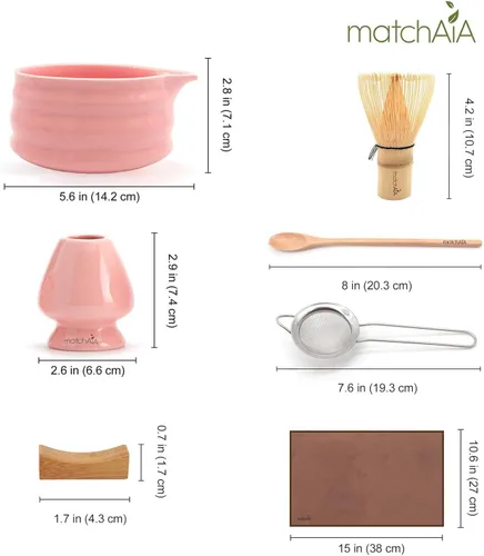 Vista 7 de Juego de batidor de matcha, cuenco de cerámica, batidor de bambú con soporte, tamiz, cuchara Schima, soporte para cuchara y toalla de té, kit