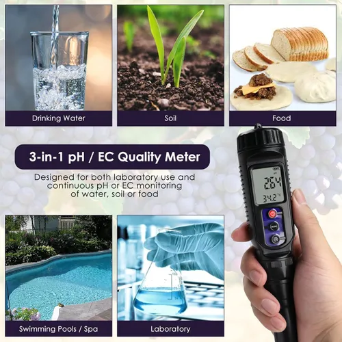 Vista 3 de Medidor de pH para alimentos Medidor digital de temperatura EC pH 3 en 1 con ATC, probador de pH de alimentos para verificar fermentación/masa
